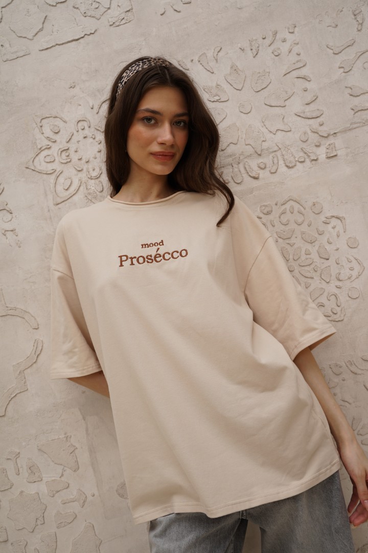 Футболка женская оверсайз "mood Prosecco" бежевый YA TREND — фото 6
